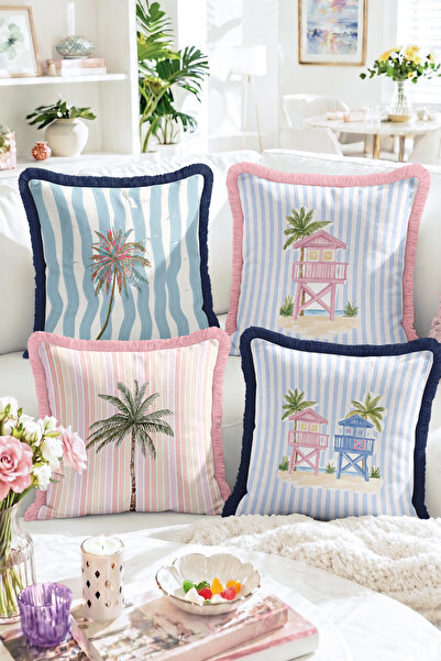 Realhomes Striped 4-Piece Fringed Throw Pillow Cover Set with Palm Tree and L...