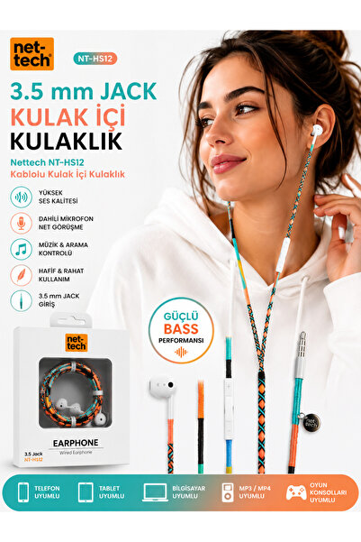 Nettech NT-HS12 3.5 mm Jack Kulak İçi Kulaklık Mikrofonlu Kablolu Stereo Kula...