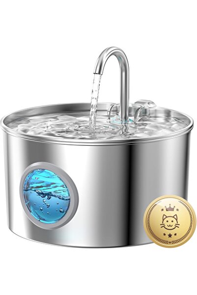 Generic Brand Fântână din Inox 2,2L pentru Pisici, Indicator Nivel Apă, Filtr...