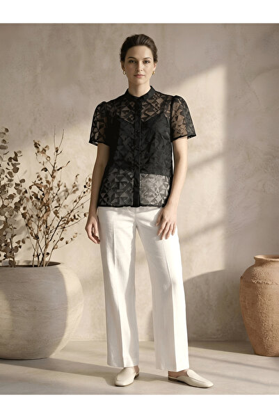 Mish By Styli Black Sheer Geometric Short Sleeve Shirt