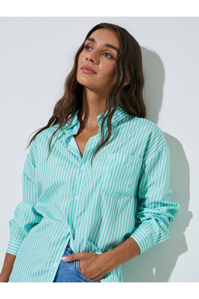Styli Mint Green Striped Pocket Detail Oversized Shirt