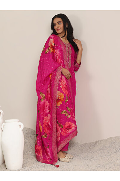 Libas By Styli Pink Printed Silk Blend Straight Kurta, Trousers and Dupatta Set