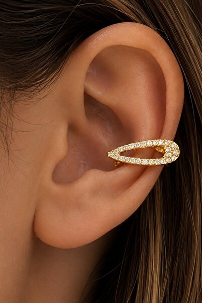 TAKIŞTIR Altın Renk Taş Detaylı TX Ear Cuff (Tek)
