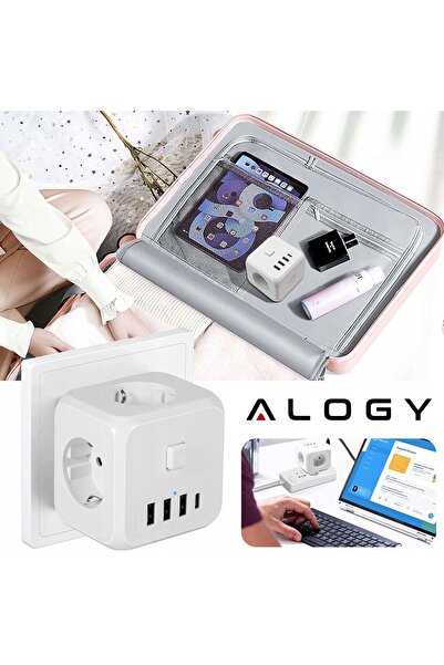 ALOGY Prelungitor cu împământare, 3 prize UE, USB, USB-C, adaptor