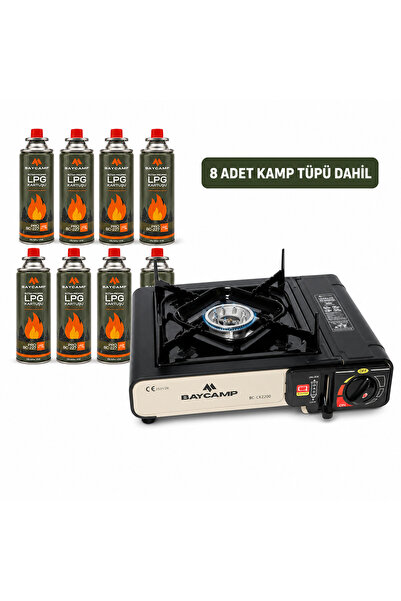 Baycamp Portatif Kamp Ocağı Siyah + 8 Adet Kamp Tüpü – Otomatik Ateşlemeli, T...