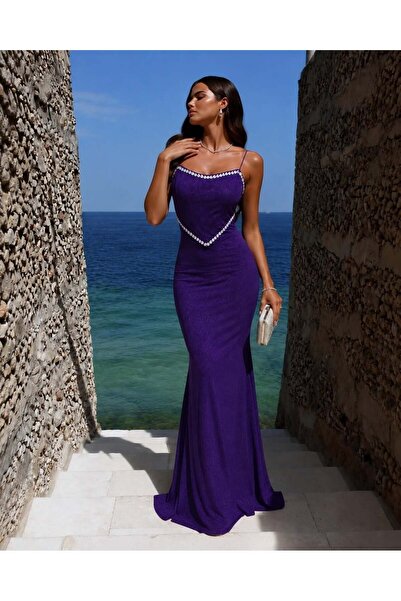 Modafeminen Purple Stone Detailed Long Evening Dress 583422