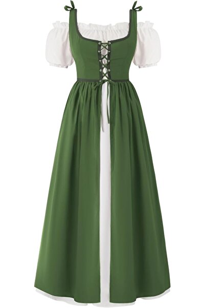 Dotail Women's Medieval Dress, maxi length, petticoat, Size M, Polyester, Green