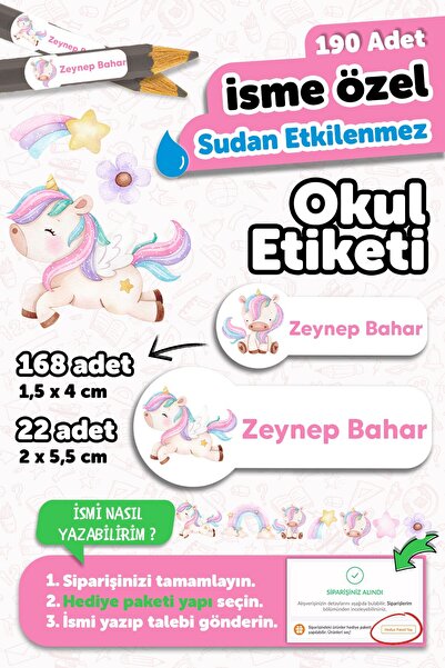 MSticker Okul Etiketi Kalem Defter isimli Etiket Isim Yazılabilen Unicorn - 1...