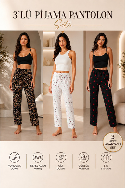 FISILTI COLLECTİON 3’lü Kadın Pijama Pantolonu Seti Yumuşak Dokulu Rahat Ev G...