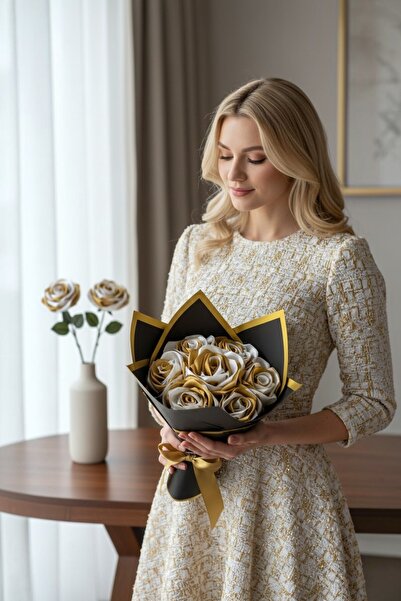AXWELL White and Gold Rose Bouquet, Made from 7 Ribbons, Colorfast Flower, Ha...