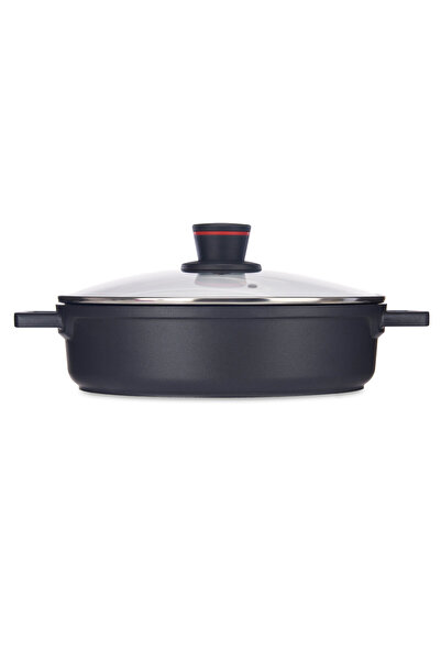 kinvara Vas de gătit cu capac, din aluminiu, rotund, negru, 28 cm, cu strat a...