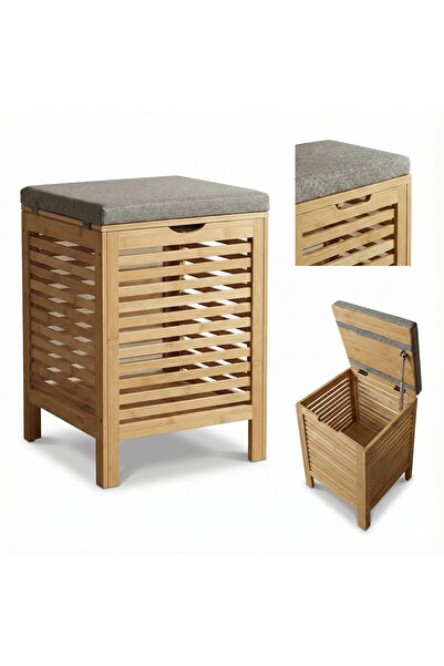 NUXIO COȘ DE RĂPĂNITĂ DIN BAMBUS CU SCAUN 40L MÂNER CONFORTABIL 35X35X53CM BEJ