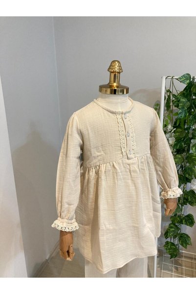 UHDE STORE Girl's Beige Muslin Tunic Pants Set Umre Set Lace Detailed Cotton Hijab Set