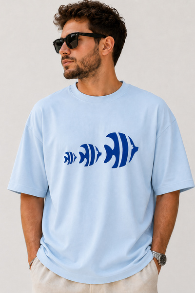 ArtYus Blue Tropical Fish Printed Crew Neck Casual Unisex Oversize Sea Themed...