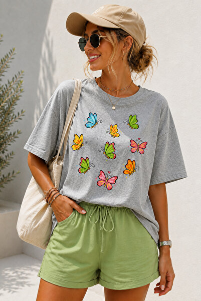 ArtYus Colorful Butterfly Printed Crew Neck Casual Unisex Oversize T-Shirt - ...