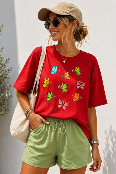 ArtYus Colorful Butterfly Printed Crew Neck Casual Unisex Oversize T-Shirt - ...