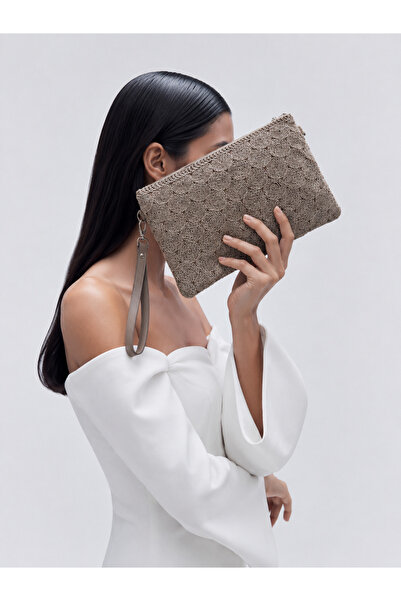 Mia Collection Lace Model Clutch Bag, Portfolio Bag, Handbag Mink
