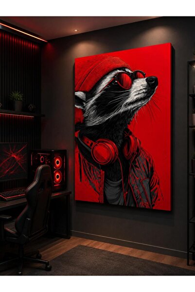 EROĞLU TABLO Kırmızı Arka Planlı Rakun Kanvas Tablo Modern Gamer Oda Duvar De...