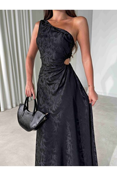 zoezoe Kendinden Desenli Tek Omuz Drape Detaylı Maxi Elbise
