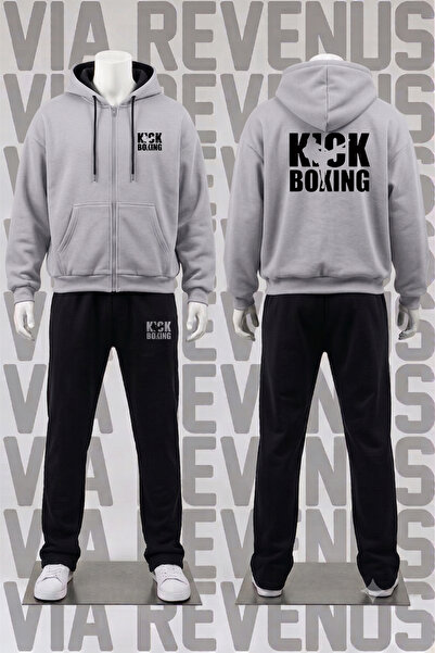 Vordevia Kickboxing Printed Zip-Up Hooded Tracksuit Set - Relaxed Fit 3-Threa...