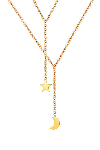VeeShop Colier minimal multilayer dublu, steluta si semiluna pe lantisoare su...