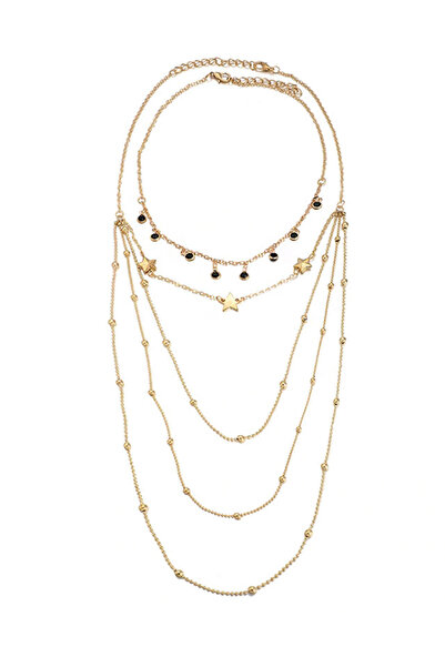 VeeShop Colier multilayer cu cinci lantisoare, stelute, bilute metalice si cr...