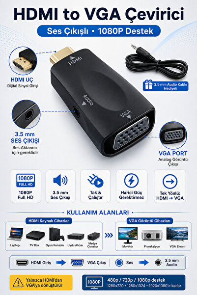 nelerbulurum HDMI to Vga 1080P Full Hd Converter Adapter with Audio Output – ...