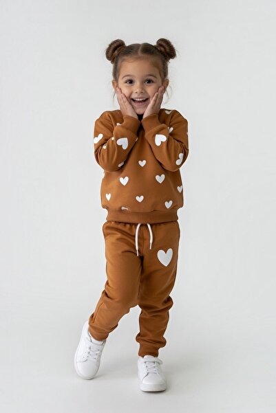 Kalyoncu Butik Heart Print Detailed Cotton Caramel Girls' Set