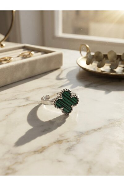 Meneva Aksesuar Green Striped Malachite Patterned Clover Figured Silver Color...