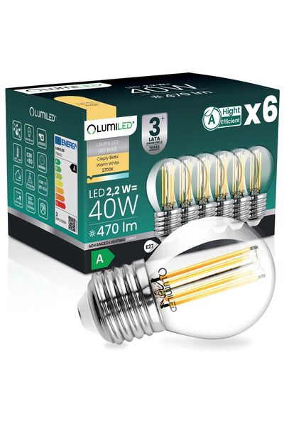 Lumiled 6x Bec LED E27 tip bilă P45 2.2W 470lm = 40W 2700K Cald 360 °   Filam...
