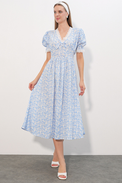 Bigdart Women's Lace Collar Patterned Dress 2626 - Blue