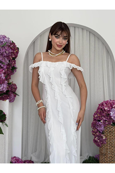 Clothes Fast فستان نسائي أبيض متوسط الطول بحمالات رفيعة وكتف مكشوف وتفاصيل من...