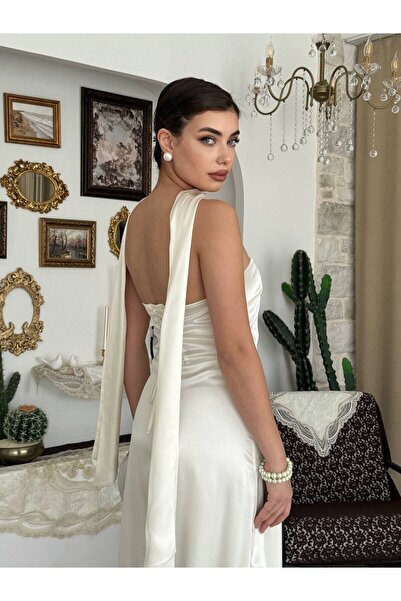 Moda Days Rochie midi din satin, ecru, fără bretele, cu detalii tip șal, deco...