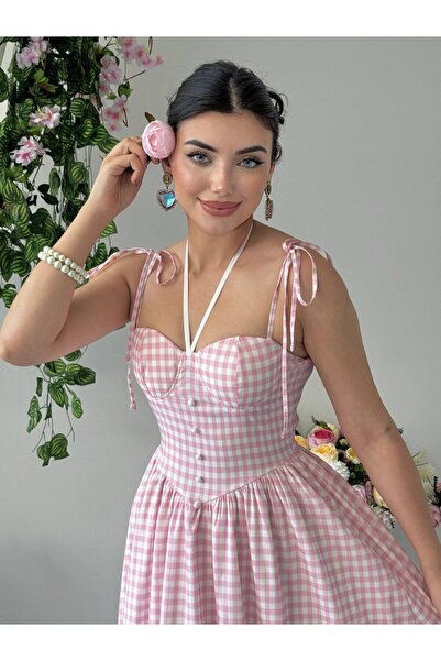 Clothes Fast Women's Pink Strappy Plaid Poplin Sweetheart Neck Buttoned Maxi ...