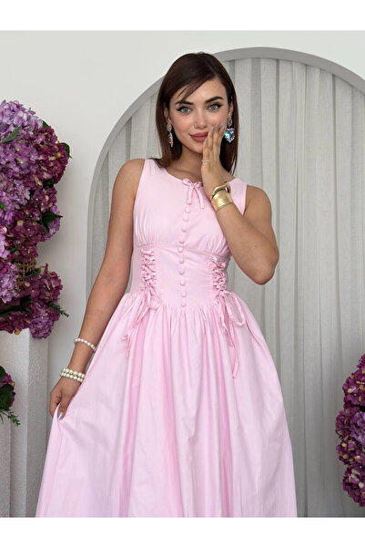 Moda Days Women's Pink Midi Dress Lace-Up Gathered Buttoned Sleeveless Poplin