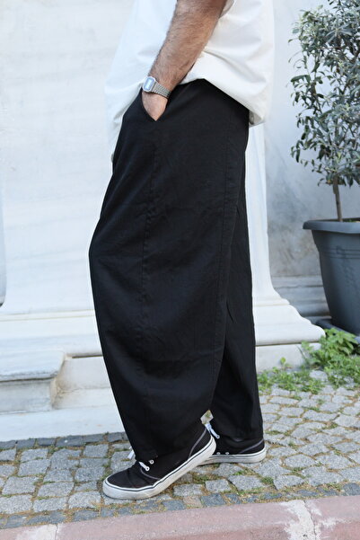 Siyah Balon Bohem Rahat Kesim Unisex Pantolon Gabardin Pantolon