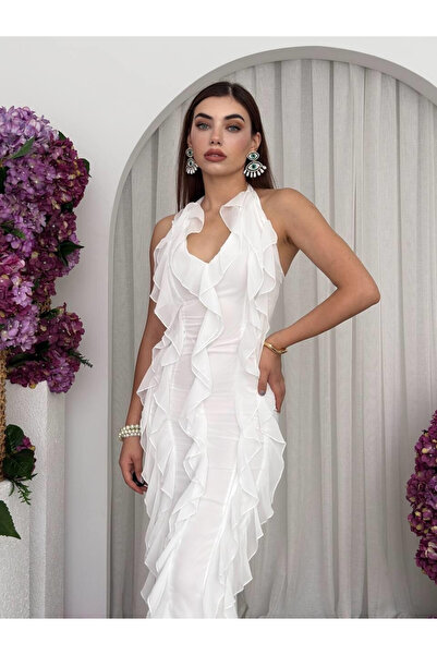 Clothes Fast Rochie midi albă pentru femei, cu decolteu în V, din șifon, fără...