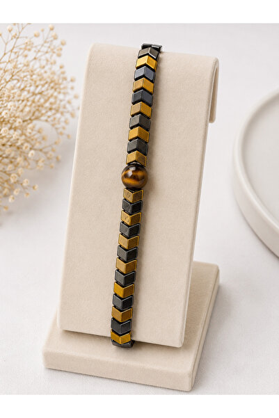 Bymiel Tiger's Eye Natural Stone Detailed Hematite Stone Elastic Bracelet