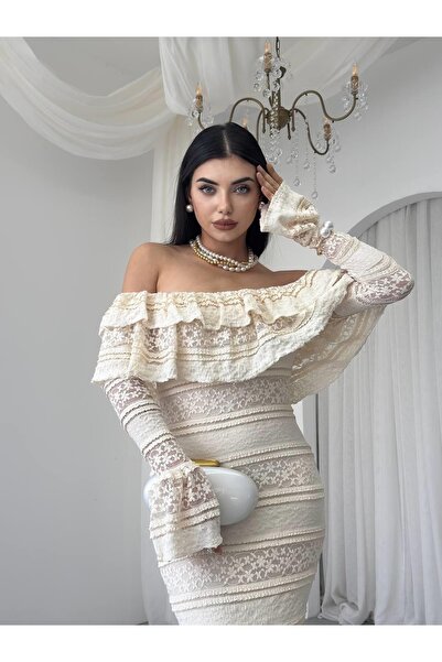 Moda Days Rochie midi mulată din dantelă, bej, fără bretele, cu mâneci lungi,...