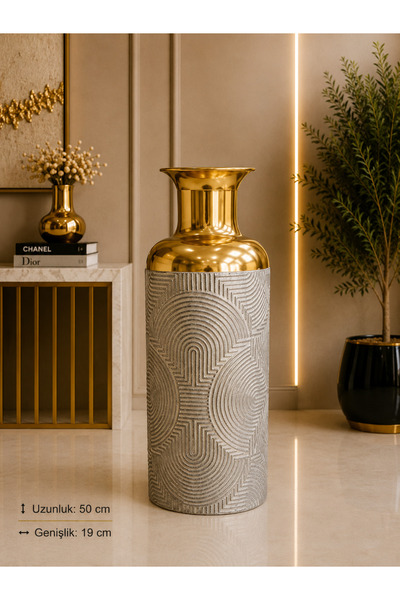 Hinora Decorative Metal Floor Vase 50 cm Gold Gray Geometric Patterned Living...