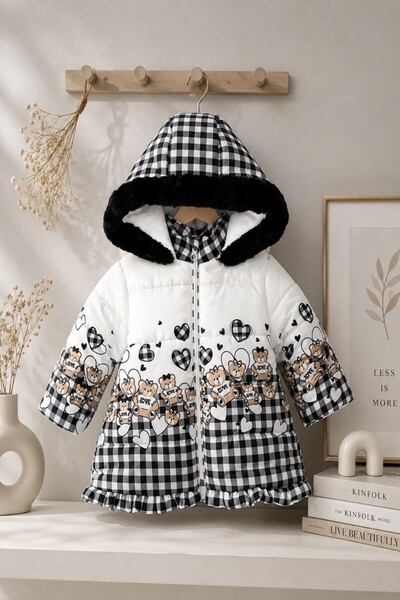 DeKuBaby New Season Bear Printed Ruffle Detailed Furry Hooded Winter Coat wit...