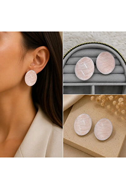 Bozhi Champagne Beige Patterned Oval Silver Color Women's Earrings Silver Steel