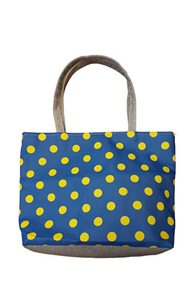 OEM Geantă de plajă, 40x31 cm, Albastru cu buline galbene, 100% bumbac