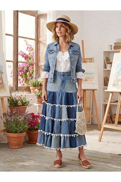 ÇATI KATI Vintage Özel Tasarım Patchwork Detaylı Püsküllü Kot Etek