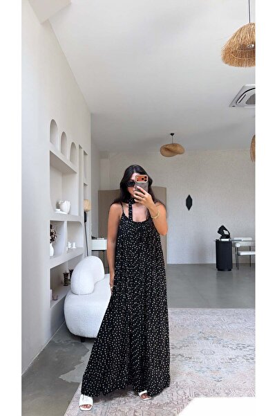 Buket Teke Black String Strap Polka Dot Lined Maxi Dress