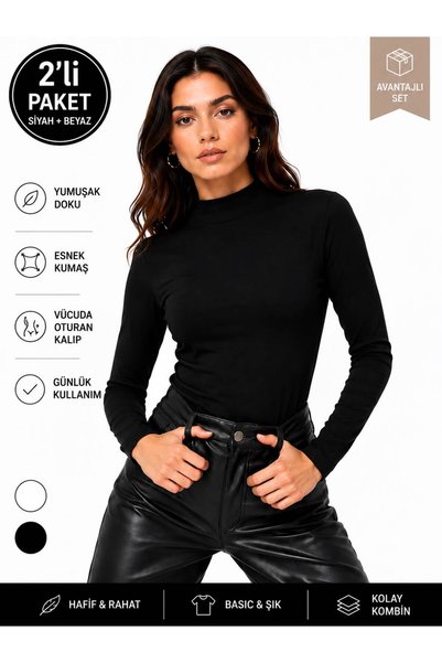 SMAC Women's Turtleneck Basic Body 2-Pack Black & White Long Sleeve