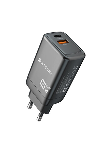 STECRA 65W GaN PD Hızlı Şarj Adaptörü USB-C ve USB-A Çift Çıkışlı Telefon Tab...