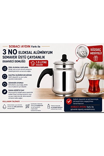 SOBACI AYDIN 3 Numara Alüminyum Semaver Üstü Çaydanlık - Kahveci Demliği 1 Ad...