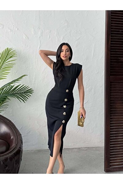 Moda Days Women's Black Midi Dress with Crew Neck, Shoulder Detail, Buttoned ...