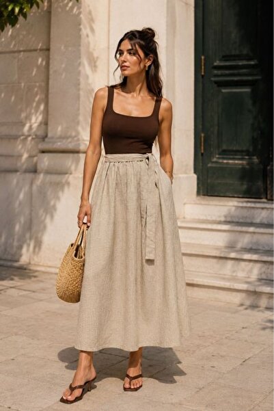 Moda Days Γυναικείο μάξι φόρεμα με τετράγωνο γιακά, καφέ χρώματος, με ζώνη κα...
